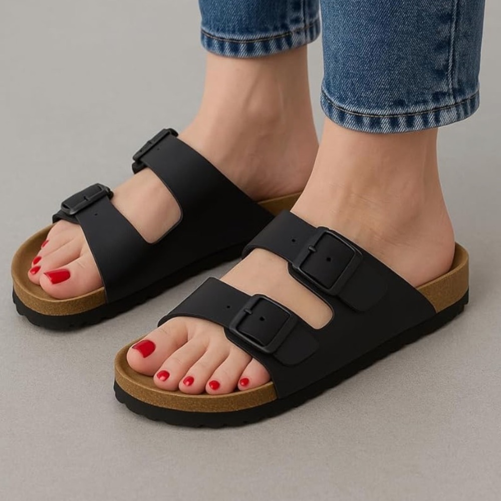 Cushionaire Black Double Strap Women's Sandals Birkenstock